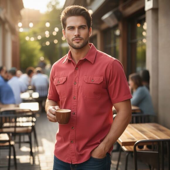 Wrangler Red Cotton Blend Short Sleeve Button-Up - 2XL - Picture 1 of 9